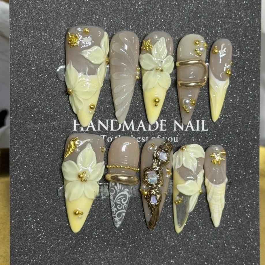 10Pcs Leopard Print Long Stiletto False Nails Full Cover Butterfly Flower Decor Press On Nails