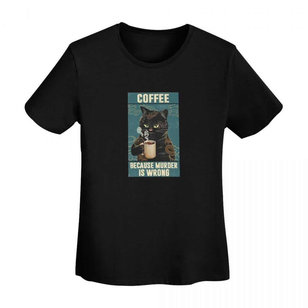 Black Cat Coffee TShirt Women Short Sleeve T Shirts Crew Neck Clothes Cotton Summer Tees Streetwear