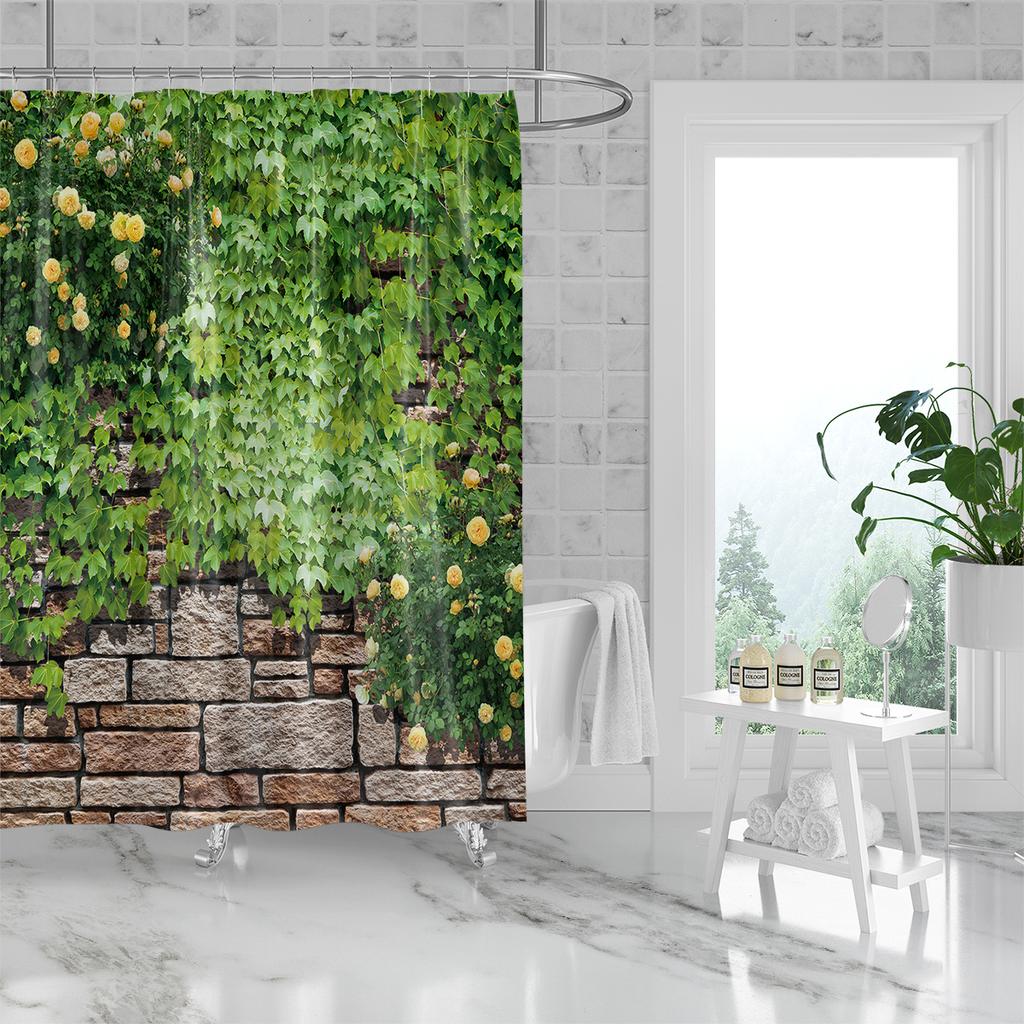 1 piece of 180x180cm green leaf brick wall landscape printed shower curtain partition, bathroom waterproof and mold resistant