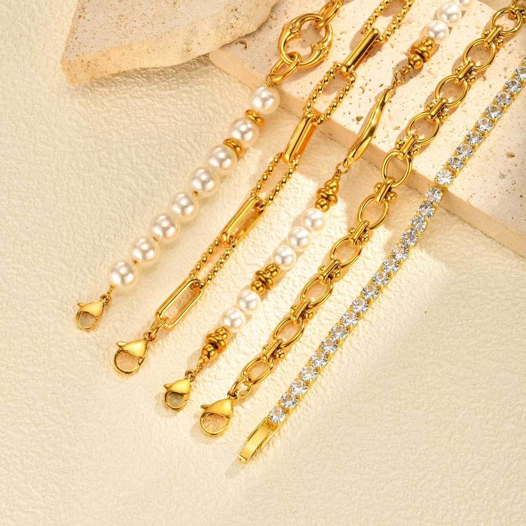 Elegant Pearl Cubic Zirconia Bracelets for Women, Stainless Steel Stackable Bracelet Chunky Jewelry