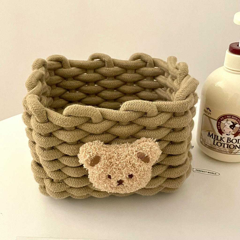 Ins Kawai Desktop Storage Basket Korean Bear Cotton Linen Woven Basket Cute Cosmetics Makeup Sundry Storage Basket Organizer Box