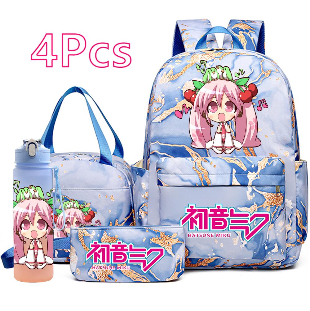 4 Stück/Set Hatsune Miku Aufdruck Rucksack Handtasche Federmäppchen 750ml Wasserflasche für Teenager Junge Mädchen Große Kapazität Wasserdicht Schultasche Schülergeschenk