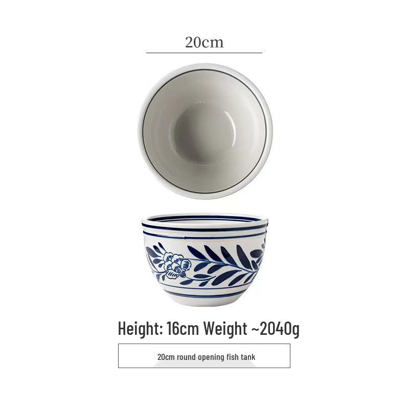 Retro Blue & White Porcelain Double Ear Round Jar - Large Deep Soup or Rice Bowl, Creative Ceramic Tableware for Hotels & Restaurants