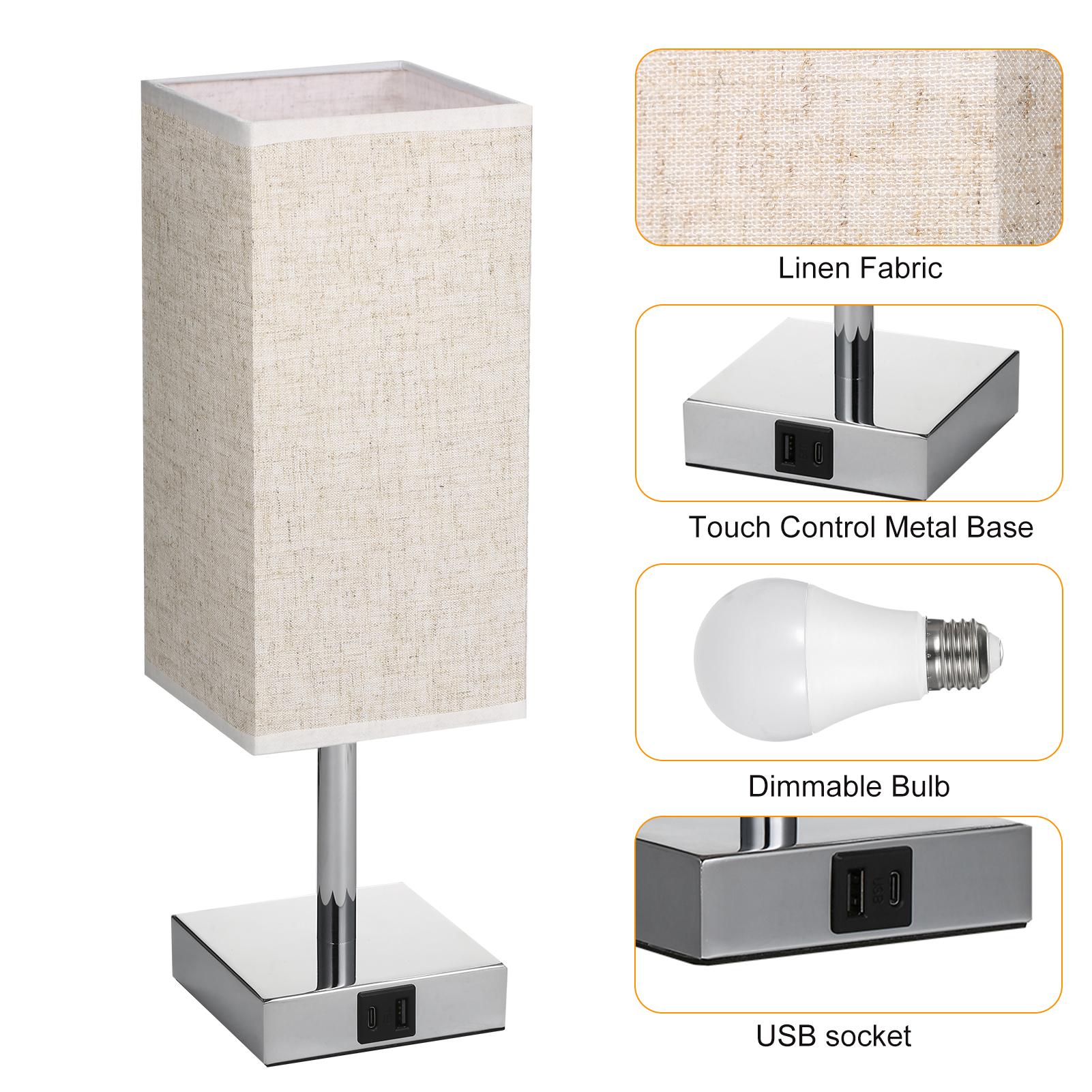 

Neoglint 2 Packs Fabric Bedside Table Lamp Nightstand Lamp with Warm White LED Bulb Desk Light Touch Control USB A Type-C