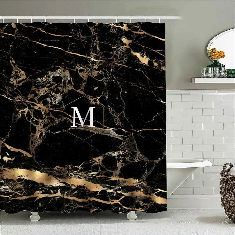 Luxury Golden Marble Shower Curtain with Initial: Bathroom Decor, Custom Size Available Modern Home Accessories for Bathtub Spa
