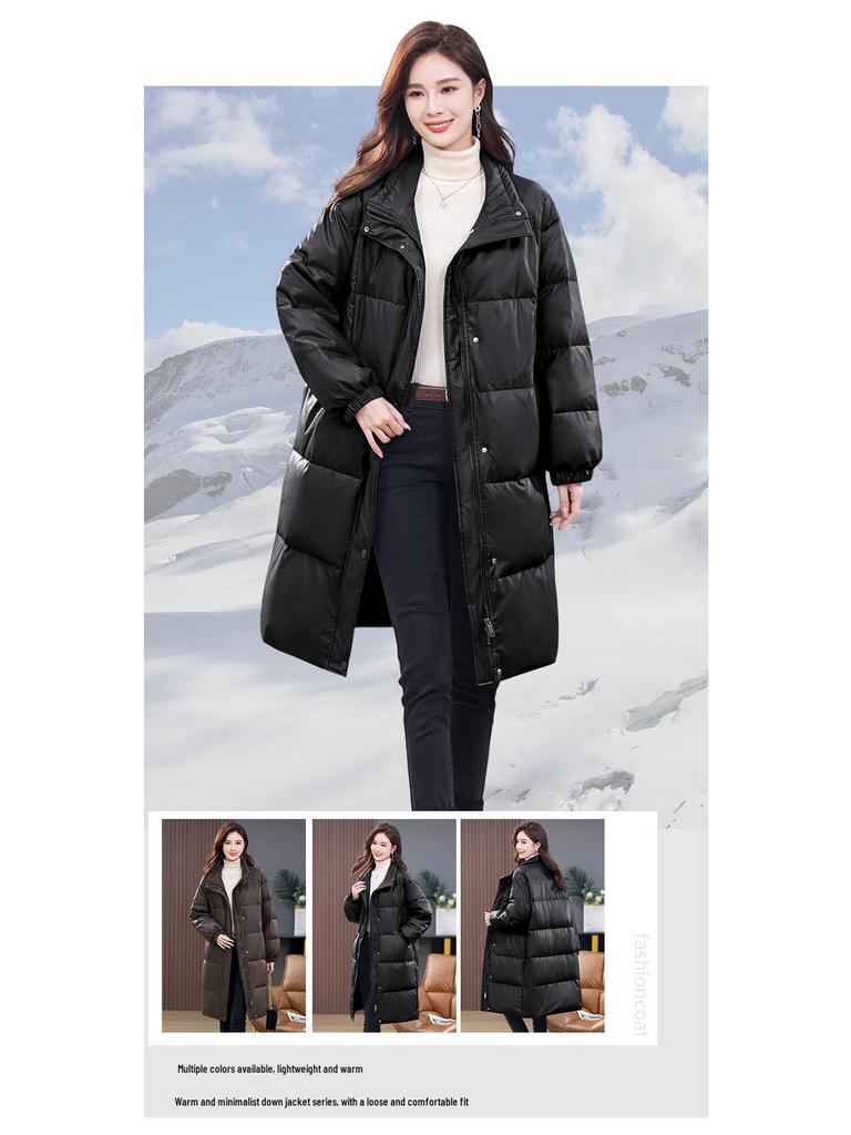 Women's PU Leather Plus Size Mid-Aged Winter Down Jacket 2024 - White Duck Down Thick Long Coat