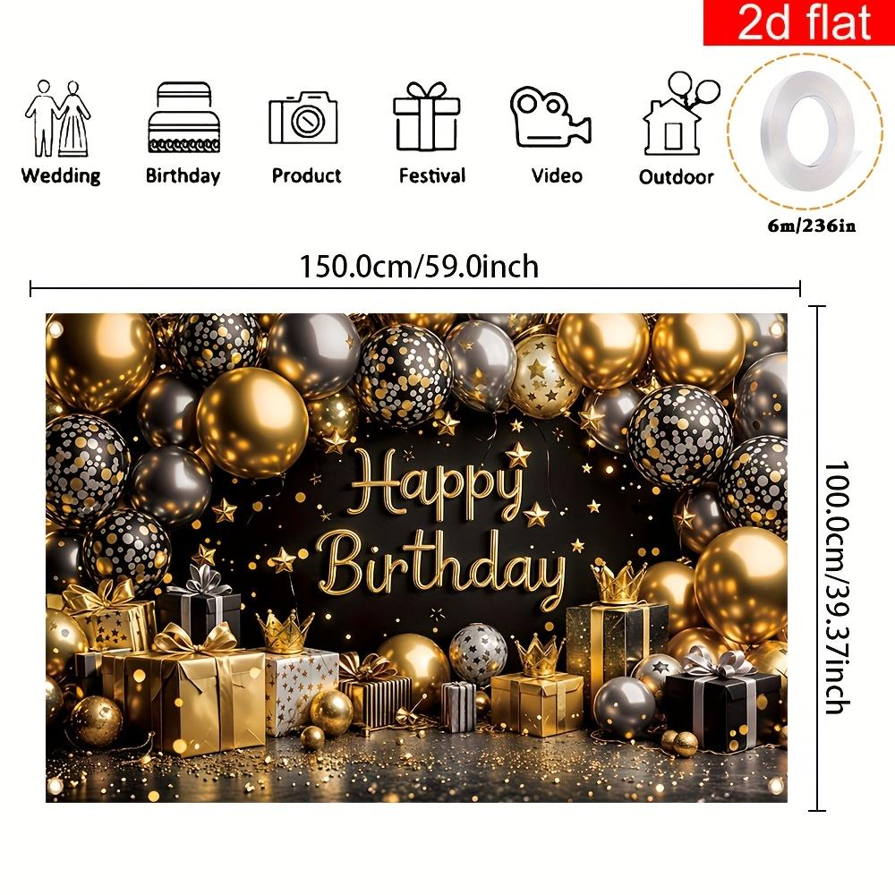 2D Flat Banner 1 Piece Happy Birthday Party Banner Black Gold Silver Crown Balloon Gift Box Pattern