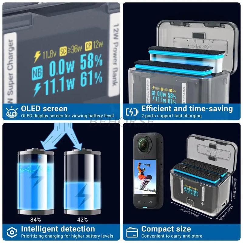 Battery Two-Ways Charger Power for Insta 360 X4 USB-C Case Portable Charging Hub Box for Insta 360 X4 Sports Camera Accessories