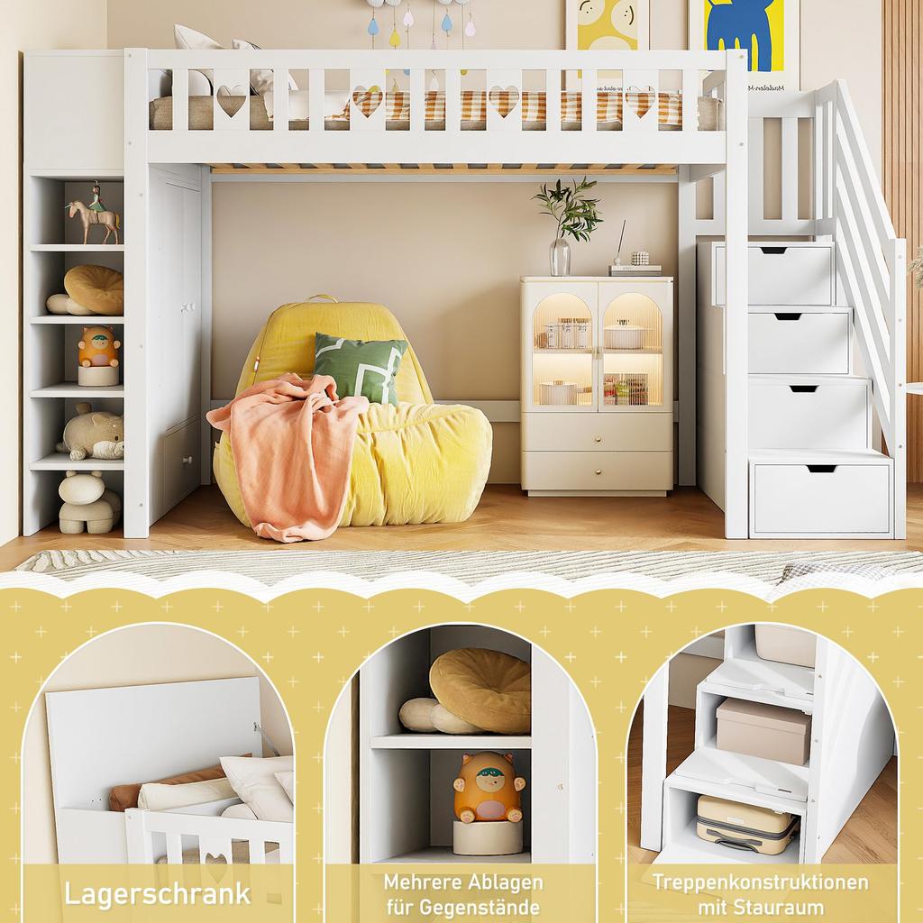 Hochbett 90x200, Kinderbett Ablageleiter, Herz-Geländer, Stauraum, klappbarer Stauschrank/Regale, Weiß (ohne Matratze)