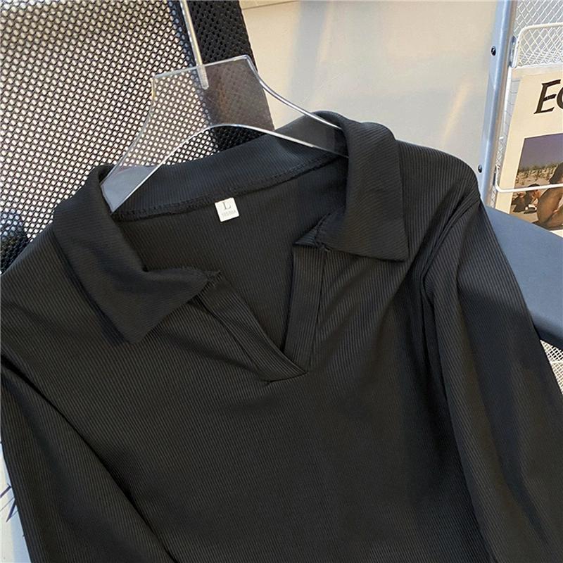 Jaro podzim Dámské triko s polo výstřihem Harajuku pevné slim triko s dlouhým rukávem nepravidelná krátká trička pro dámské crop topy Femme