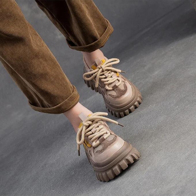 Johnature Genuine Leather Splicing Mesh Casual Shoes Lightweight Lace Up Thick Soled Women's Shoes