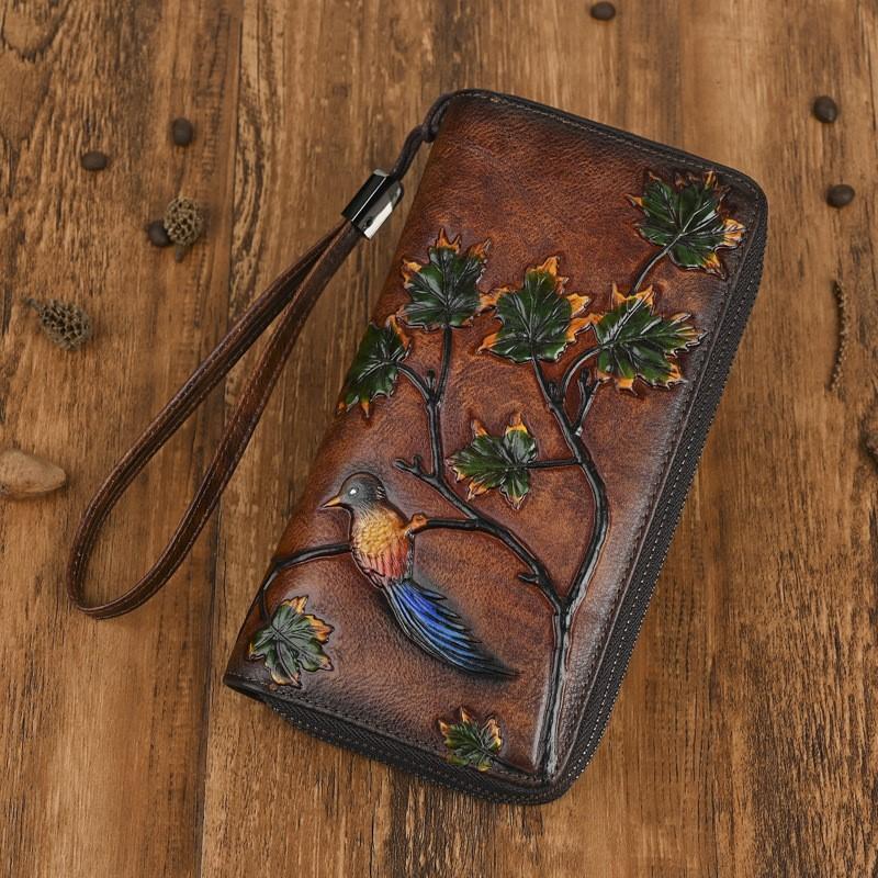 Johnature Vintage Peněženka Držitel na karty Pravá kůže Ražená Dámské Dlouhé Peněženky Pravá Hovězí Kůže Ruční Kabelka