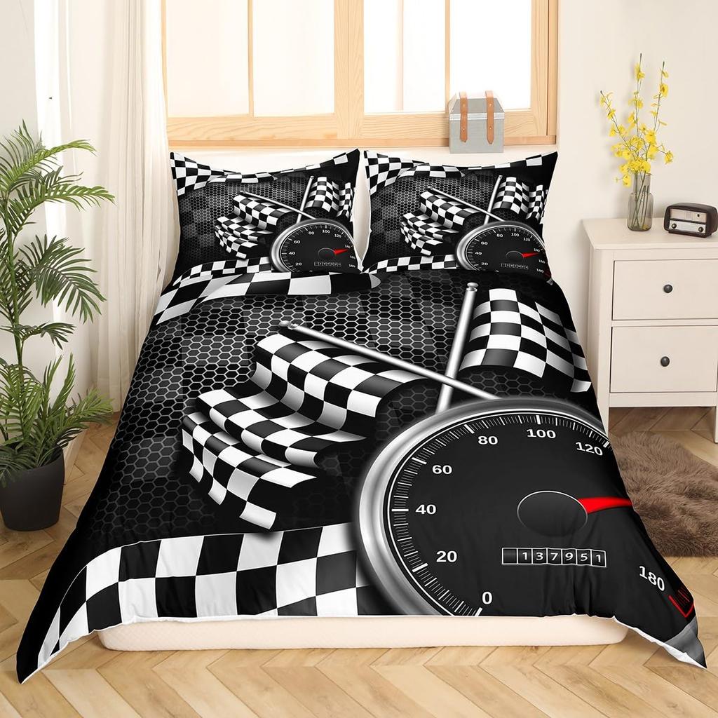 Checkered Flag Duvet Cover Sets for Teens Adults Queen Lightweight Quilt Covers Racing Themed Bedding Set Bedroom Decor No Quilt