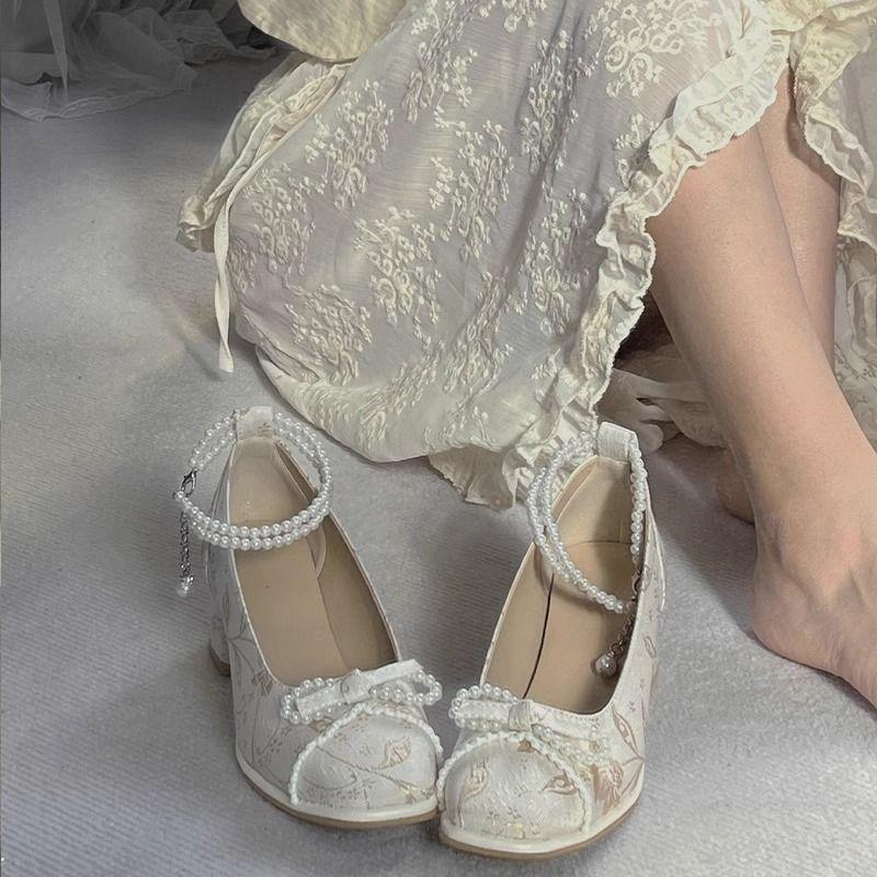 

Французские туфли Мэри Джейн женские 2025 новые китайский бант высокий каблук женские нежные одинарные туфли толстый каблук туфли к ципао 40 бежевый