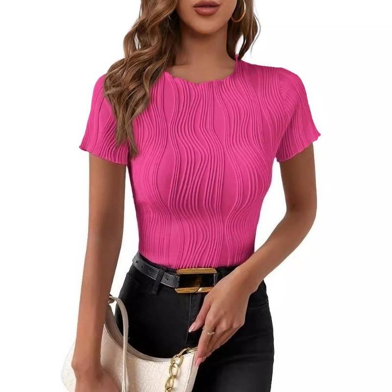 Summer Round Neck Slim Fit Short Sleeved T-shirt Elegant Simple Top Fashion Street Wear Casual Solid Color Blouse Pleated Office Shirts Tees