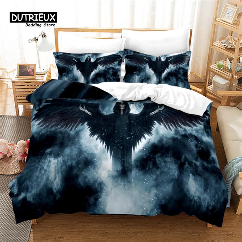 Skull Duvet Cover Microfiber Horror Theme Bedding Set Grunge Scary Skulls Sketchy Graveyard Death Evil Face Full Comforter Cover