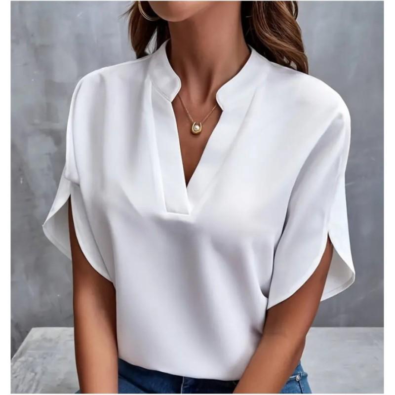 Damen Sommer V-Ausschnitt Elegantes Hemd Einfarbig Locker Kurzarm Freizeit-Top