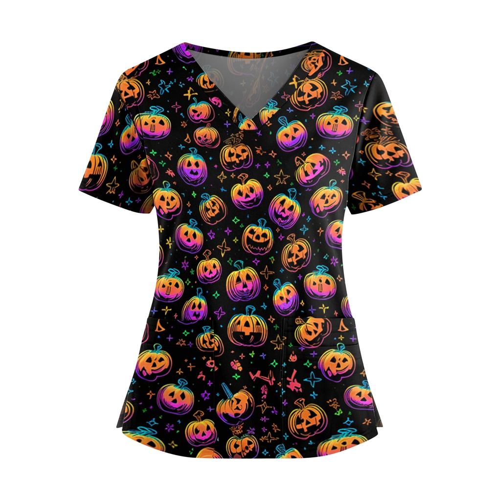Women’s V Neck Short Sleeve Work Top with Side Slits Pockets and Halloween Print Suitable for Office and Casual Wear