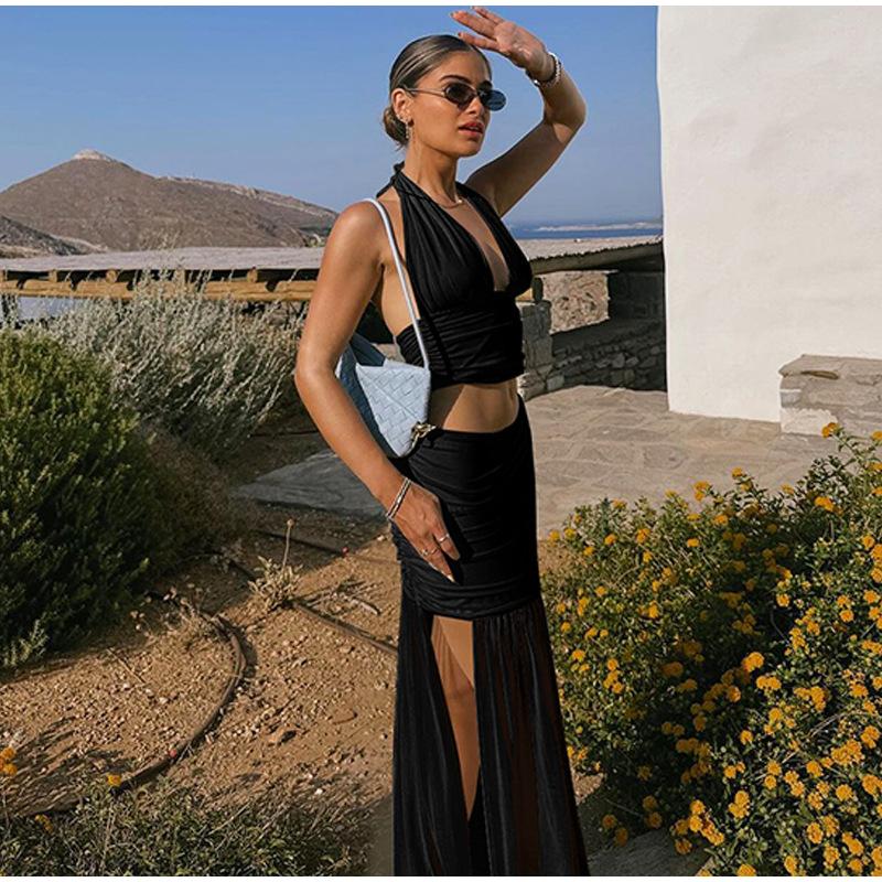 2025 Summer Elegant 2 Piece Set Women Sexy Mesh Lace-Up Backless Cropped Top and Pleated Split Skirt Streetwear Casual Suits