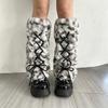 Dicke Damen-Beinwärmer für kühles Wetter aus Kunstpelz mit Plüsch-Leopardenmuster und gekreuzter Schnürung, Warme Stiefelüberzieher Socken für Lagenlook