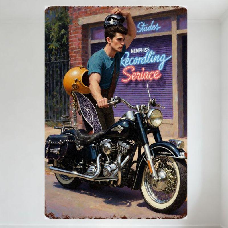 

Vintage Rockabilly Motorcycle Metal Tin Sign with Studs Memphis Recording Service Neon Art Decor for Man Cave Bar Home Wall Plaq 20x30cm（7.8x11.8inch）