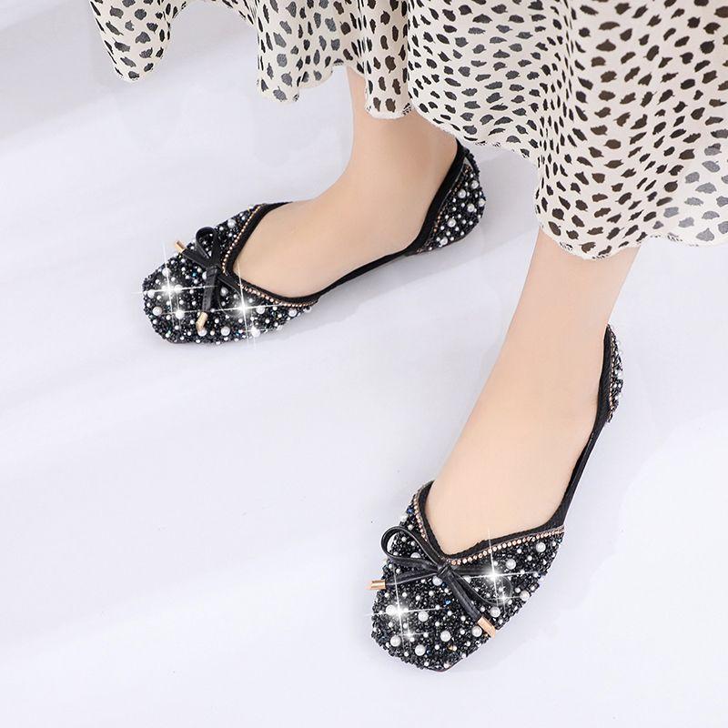 Single Shoes Women's Rhinestones 2025 Summer-autumn Korean Version of Internet Celebrity Bow Pumps Pearl Sleeves Flat Granny Shoes