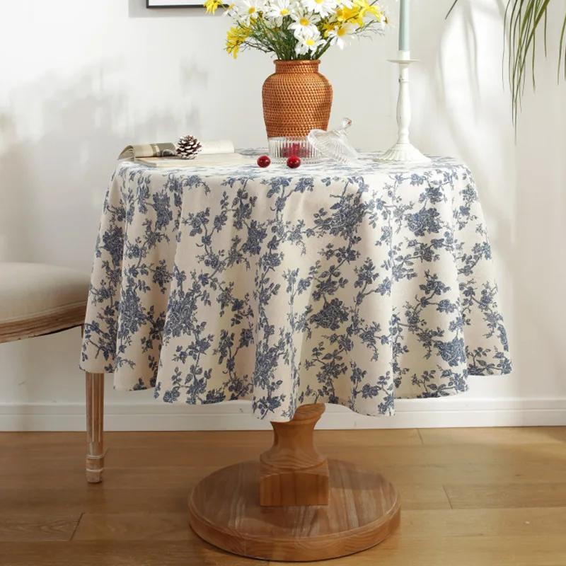 Rustic Flower Print Round Table Cover Indoor Outdoor Vintage Tassel Blue Flower Farmhouse Table Cloth for Picnic Tabletop Decor