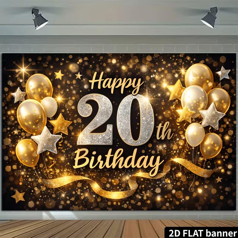 2D 20th Birthday Black Gold Backdrop for Men Women Birthday Party Background