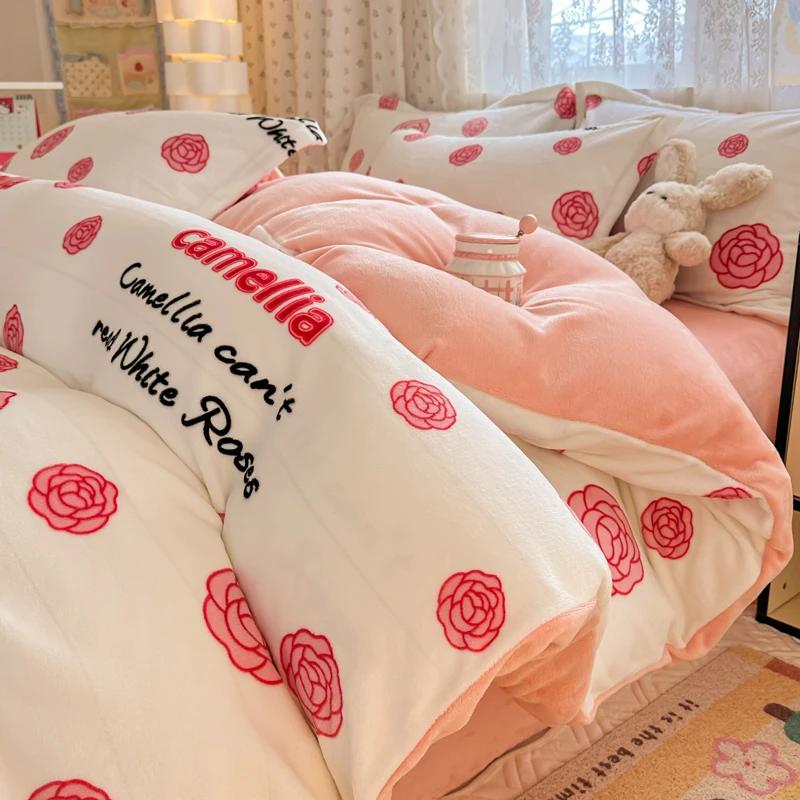 2024 New Class A Small Fresh Printed Milk Fleece Single Bedding Set Thick Warm Cartoon Quilt Cover Fall and Winter Duvet Cover