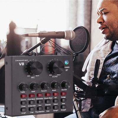 V8 Placa de som multifuncional ao vivo Interface de áudio USB Mixer de áudio ajustável com volume inteligente