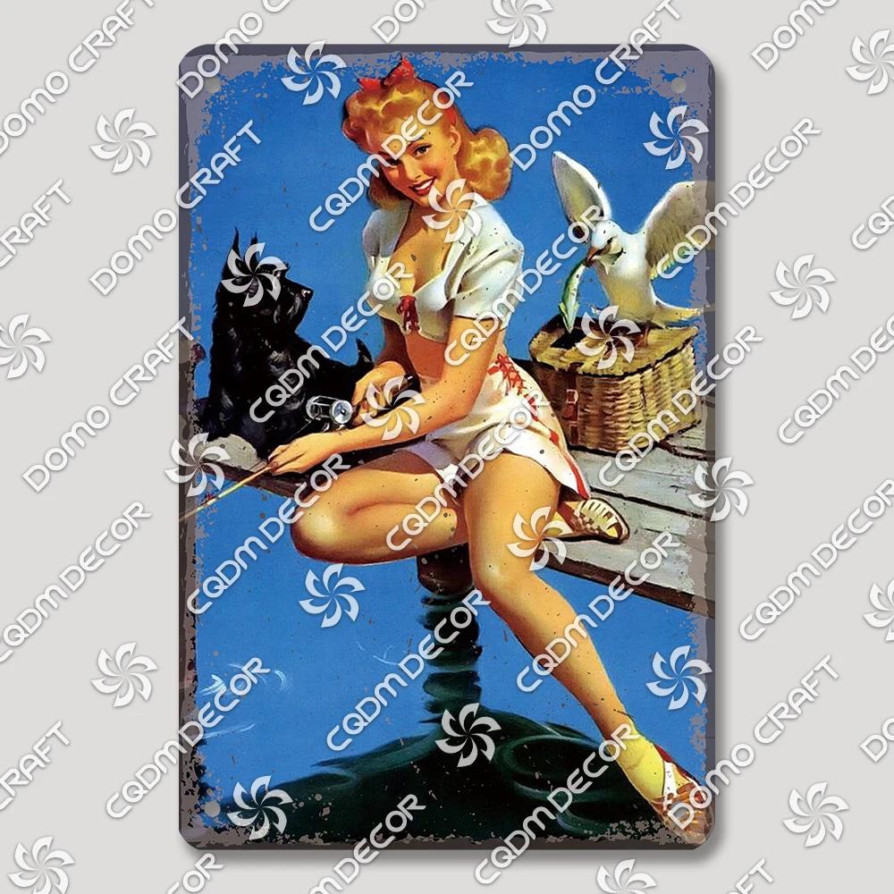 Vintage Znak Metalowy Blaszany Dziewczyny Wędkujące Retro Kobieta z Psami Dekoracja Ścienna dla Klubu Wędkarskiego Dom Wiejski