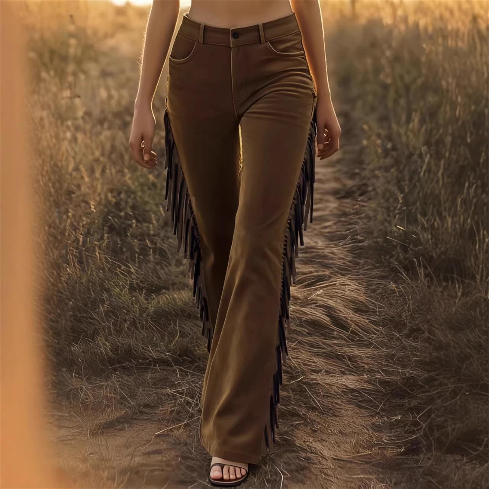 Women s Retro Fringe Suede Micro-flared Casual Pants S коричневый