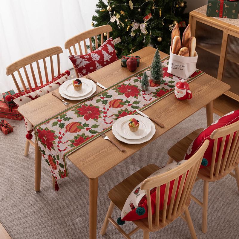 Jacquard Polyester-Cotton Christmas Table Runner with Floral Bells