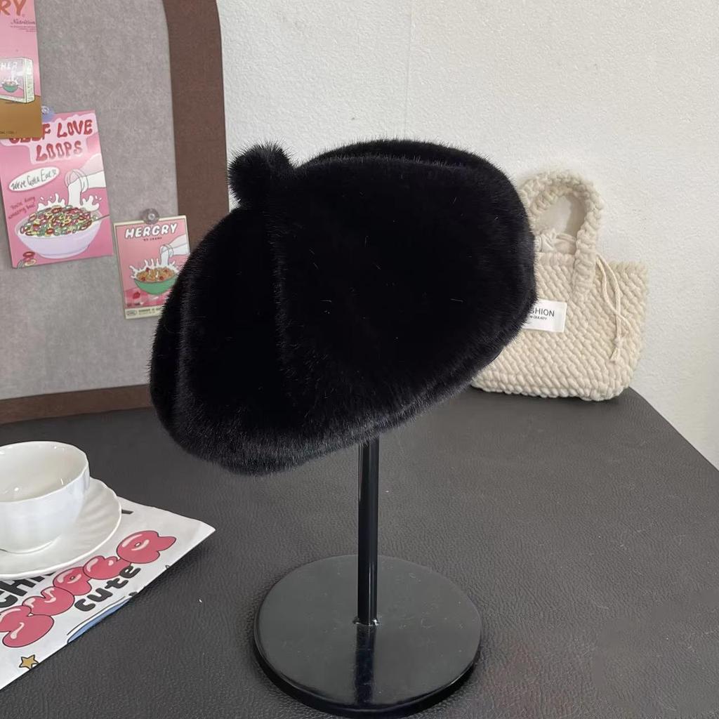 Women Fluffy Fur Beret Cap Solid Color Plush Warm Octagonal Hat for Lady Female Casual Anti-Cold Mink Velvet Pumpkin Hats