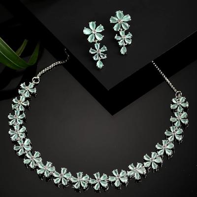 Rhodium Plated Silver Toned White American Diamond Studded Flower Shaped Jewellery Set For Girls and Women