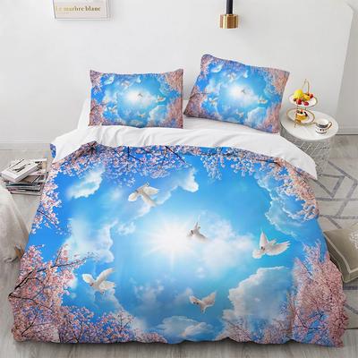 Blue Sky King Queen Duvet Cover Pink Flowers White Flying Bird Bedding Set for Kids Teens Adults 3d Natural Scenery Quilt Cover