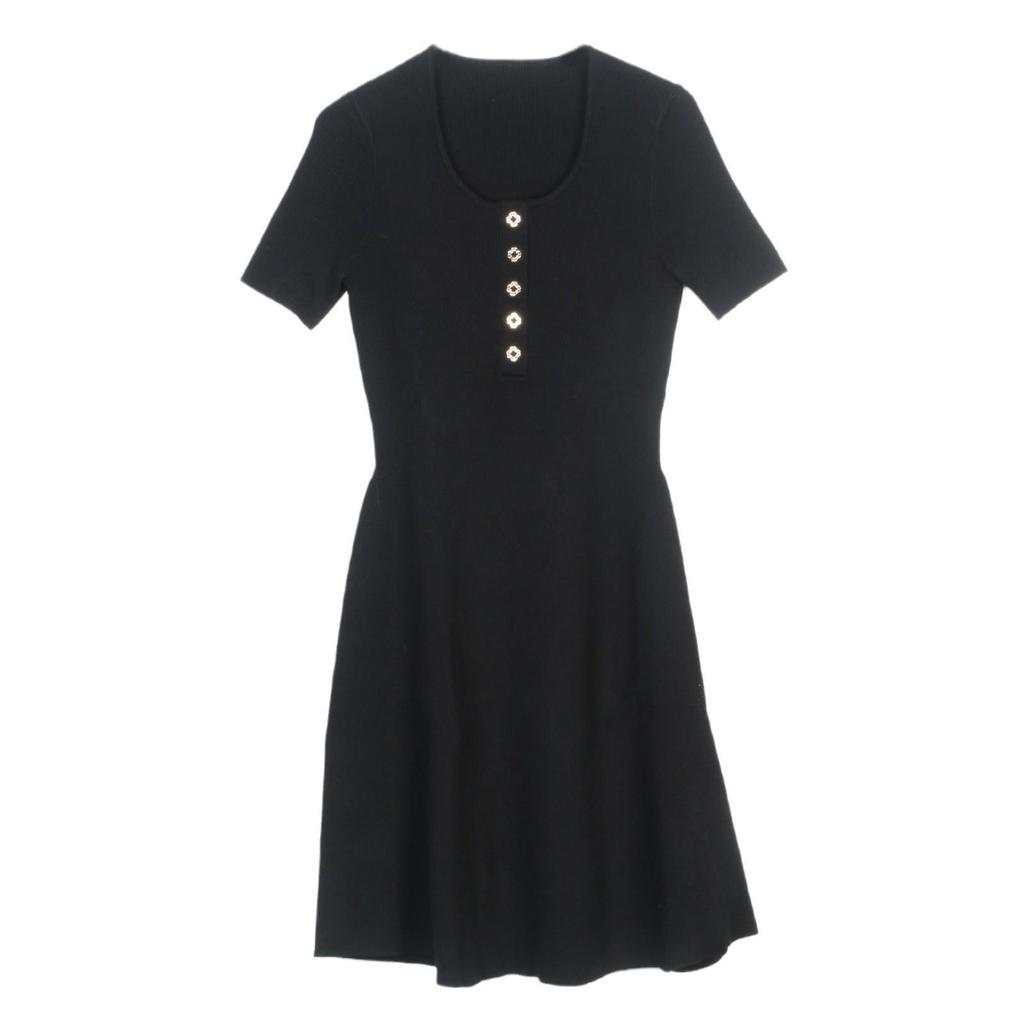 2025 Early Spring French Style Black Slimming Knitted Dress with Round Neck & Short Sleeves