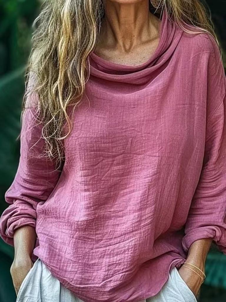 Spring New Women's Casual Loose Fashion Long Sleeve Solid Pile Knit Turtleneck Ruffled Top