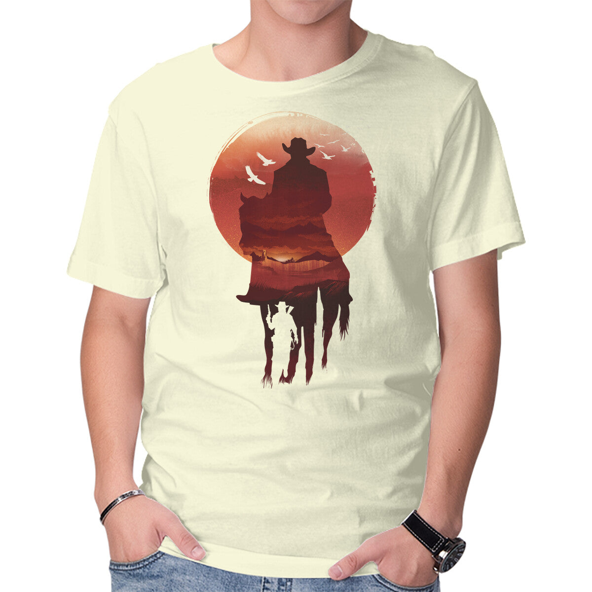 Unisex Crew Neck T-Shirt Red Sunset Cowboy Graphic Short Sleeve Casual Tee XS