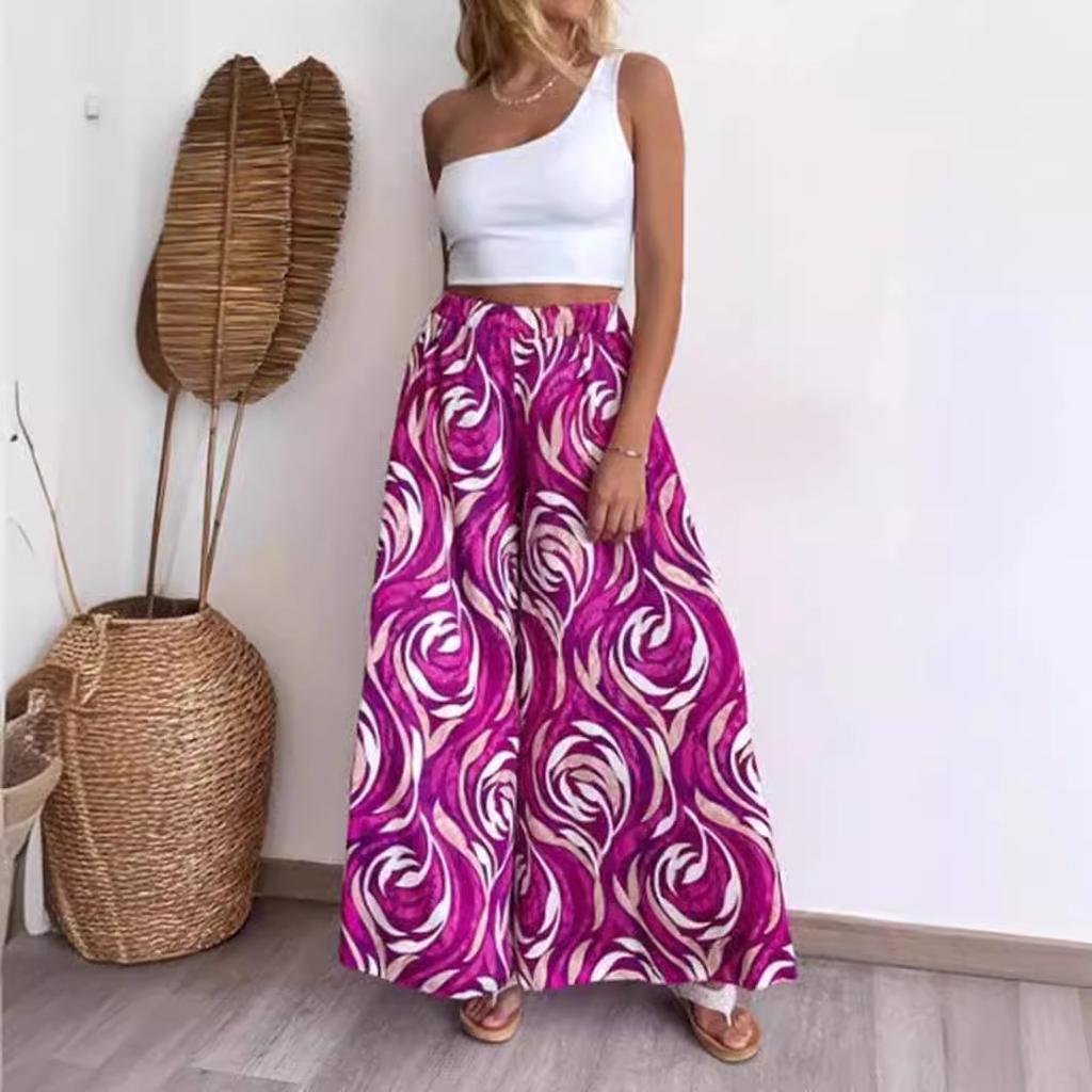 Summer women's loose and casual Bohemian printed wide leg pants with flared pants