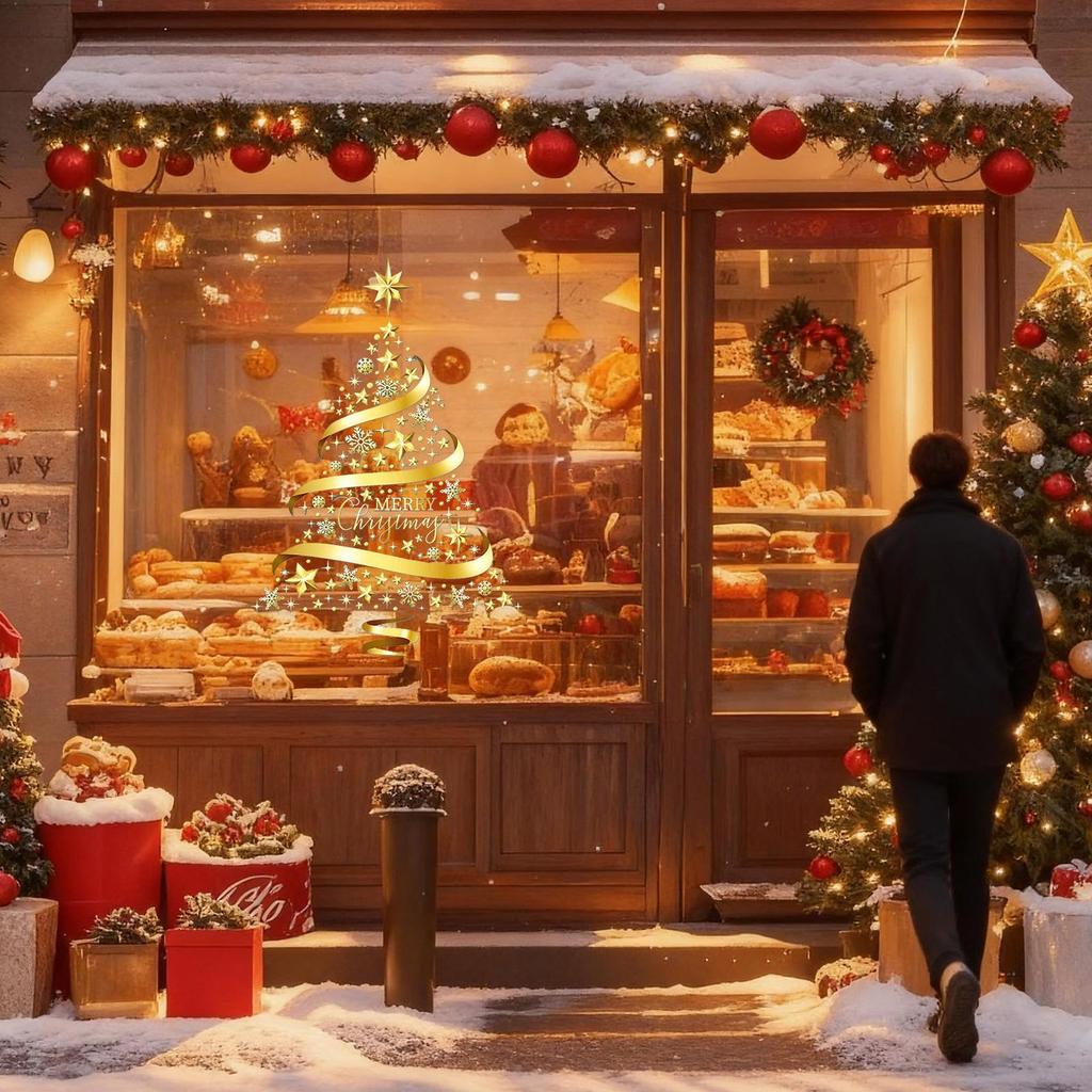 2pcs Christmas Window Stickers PVC Golden Tree Electrostatic Clings Holiday Glass Decals Decorations for Home Bedroom Restaurant