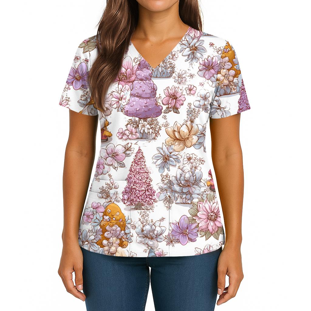 Women's Christmas Print V-Neck Double Pocket Short Sleeves Hem Slit  Uniform And Caregiver Top