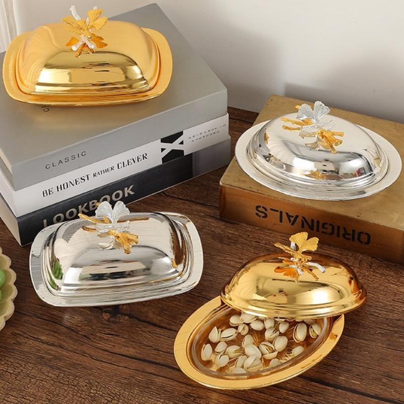 Fruit Tray, Alloy Cake With lid Plate, Golden Retro Snack Disc,Nuts Organizer Living Room Festival Desktop Wedding Decoration