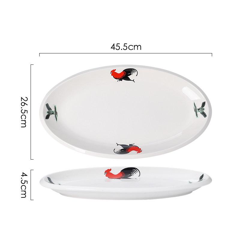 Ceramic Retro Rooster Oval Fish Serving Plate for Microwave & Hotel Use