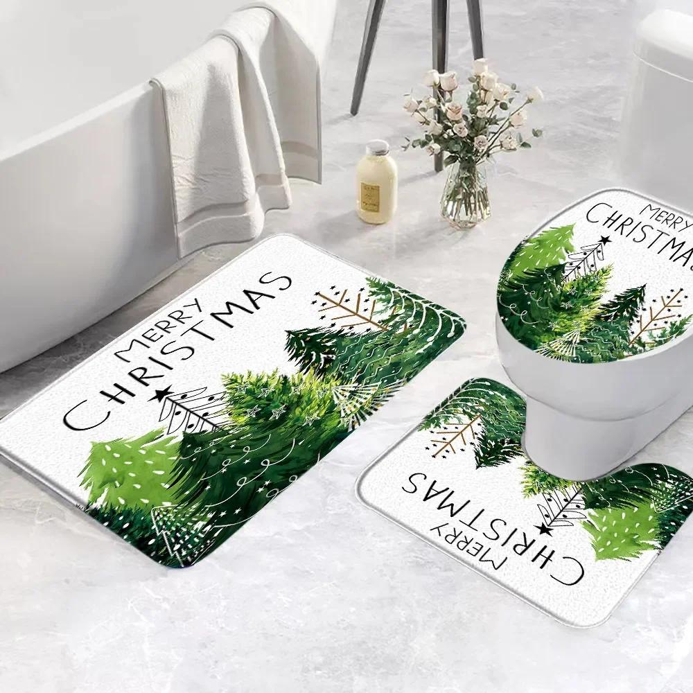 Set di 3 Tappetini da Bagno Natalizi Pupazzo di Neve Babbo Natale Scena Invernale con Neve Rosa Regalo Festivo Tappetino da Bagno Copri WC Decorazione Bagno