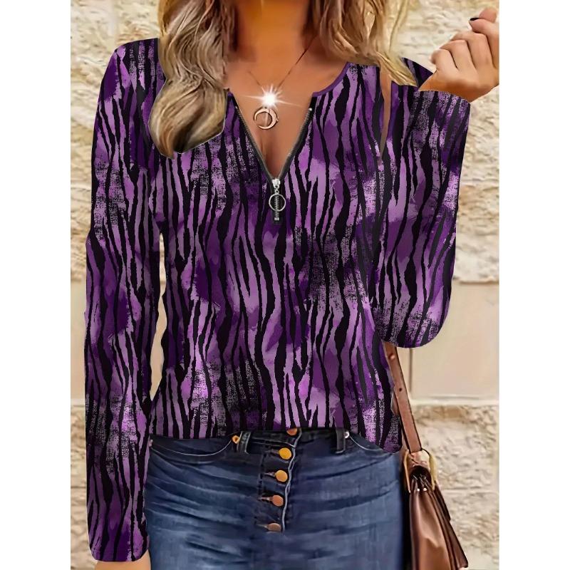 Elegant And Casual Style Featuring Zebra Texture Elements In a Printed Pattern, Marked for Women'S Round-Neck Zip-Up Long Sleeves