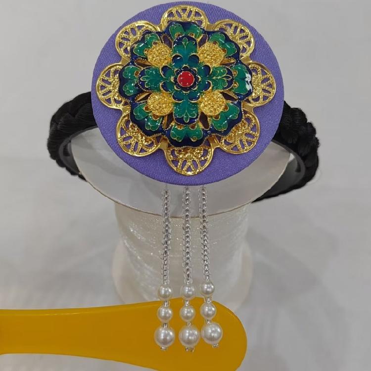 Blue Glaze Pearls Korean Hair Hoop Traditional Headband for Stage Shows and Ethnic Festivals Handmade Hair Accessories