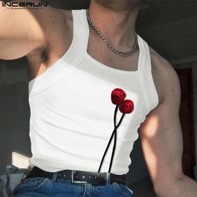 

INCERUN Summer Men Square Neck Sleeveless 3D Flowers Slim Fit Tank Tops 3XL