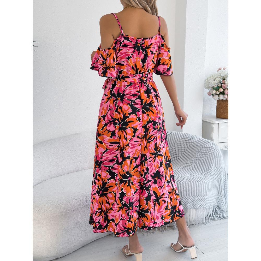 Spring Summer Strapless Cross V Neck Floral Halter Long Holiday Dresses Women