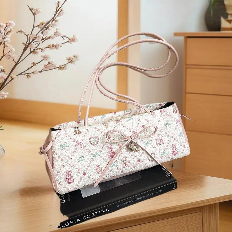 Fashion Sweet Bow Shoulder Bag Cartoon Print Underarm Bag Female Tote Bag Versatile Large Capacity Commuter Handbag Holiday Gift
